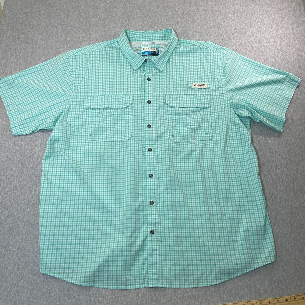 Magellan Outdoors Fishing Shirt Mens 3XL Mint Green Check Plaid SS Vented Short